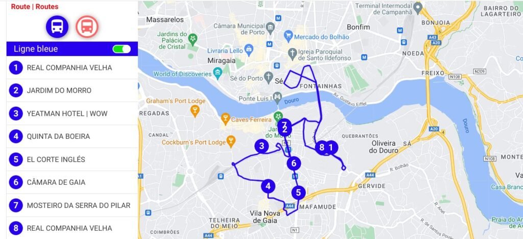 Plan de la ligne bleue du bus touristique CitySightseeing à Porto