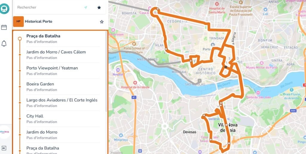 Plan de la ligne Porto historique du bus touristique Yellow Bus à Porto