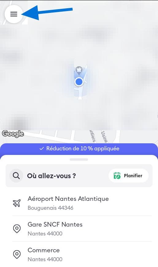 Applicatin BOLT, accès au menu