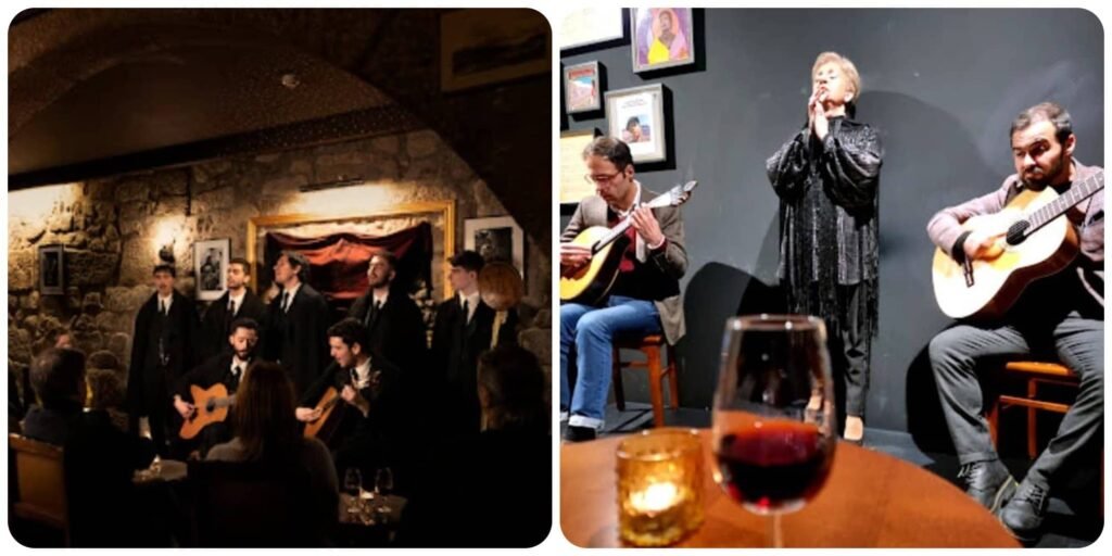 Collage photo : photo d'un groupe de fado de Coimbra à gauche et d'un concert de fado traditionnel à droite